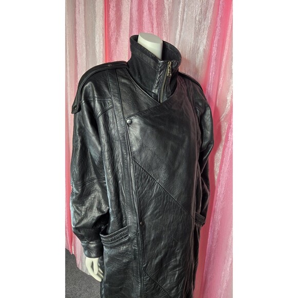 Midway Vintage Leather Collection Black Long Trench Coat Size Large Men's - Picture 13 of 16
